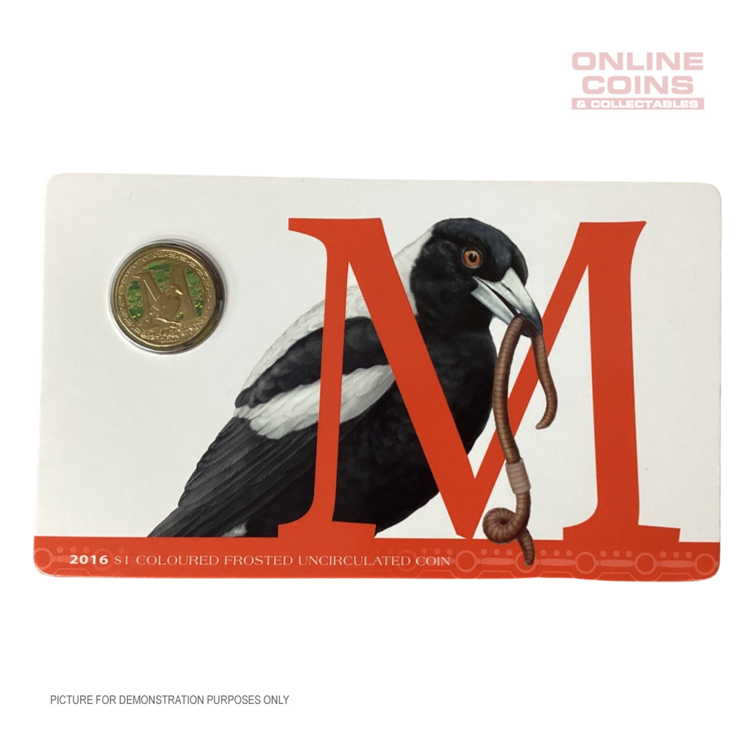 2016 $1 Coloured Alphabet Frosted Coin In Card - M For Magpie